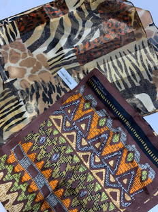 Adrienne Landau Silk Scarf & Animal Print Scarf 2: Both long rectangular scarves. Adrienne Landau Silk Scarf with tribal print in brown tribal/ primitive designs in orange, green grey, and cream. Signed Adrienne Landau Studio. 11 x 25.5 in. Shimmery e