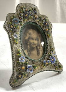 Vintage Micro Mosaic Standing Picture Frame: Picture frame is vintage. Piece has multi toned micro mosaic floral & leaf detail. Picture frame measures approximately 3.5 inches tall 2.75 inches wide. Frame, picture frame, micro mosaic picture fra