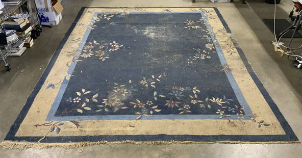 Vtg Handmade Chinese Art Deco Rm Sz Wool Rug: Rug is handmade and wool pile. Piece is vintage possibly antique. Rug has intricate multi toned floral, leaf, & bird detail. Measures approx 142 inches tall 106 inches wide. Rug, carpet, room size rug