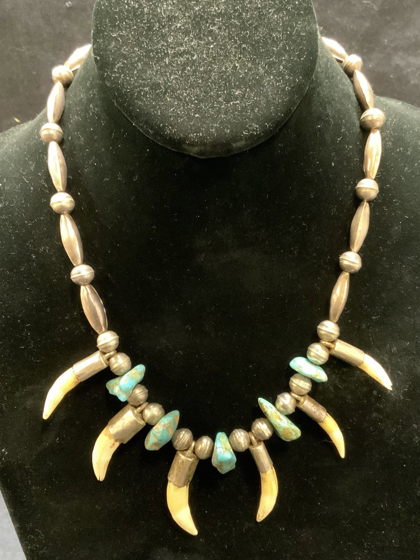 Sterling Silver Turquoise & Bone Beaded Necklace: Vintage sterling silver beaded necklace with turquoise and bone accents. Drop length approx. 8.25 inches. Total weight 47.7 grams. Tests for sterling using PuriTEST kit. Some surface wear indulging sc