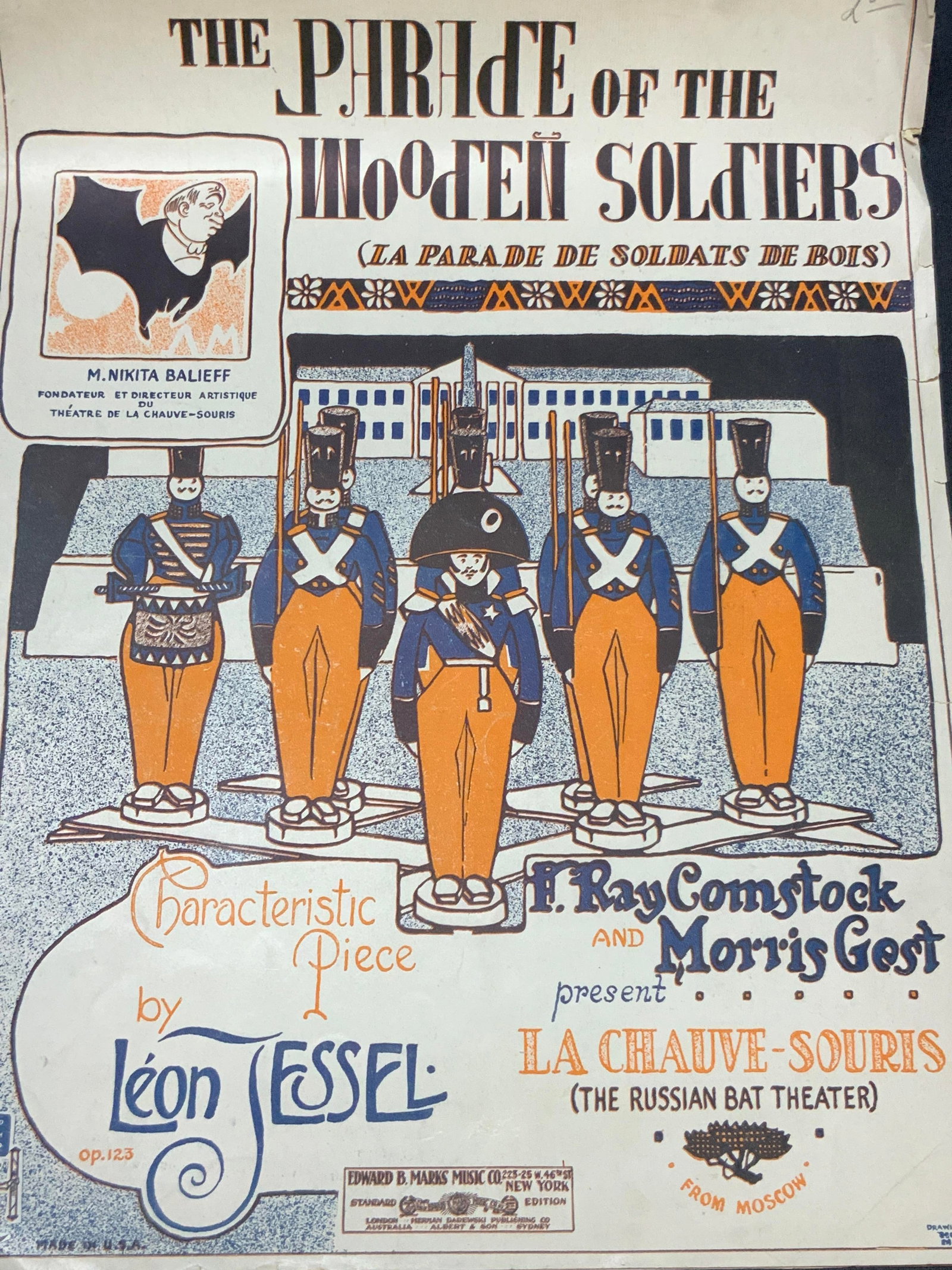 1911 The Parade Of Wooden Soldiers Sheet Music: Copyright 1911, sheet music with title page reading The Parade of a wooden soldiers. Character piece by Leon Essel. Approx 12 x 9.5 inches Evident discoloration and tearing to papers. Antique sheet mu