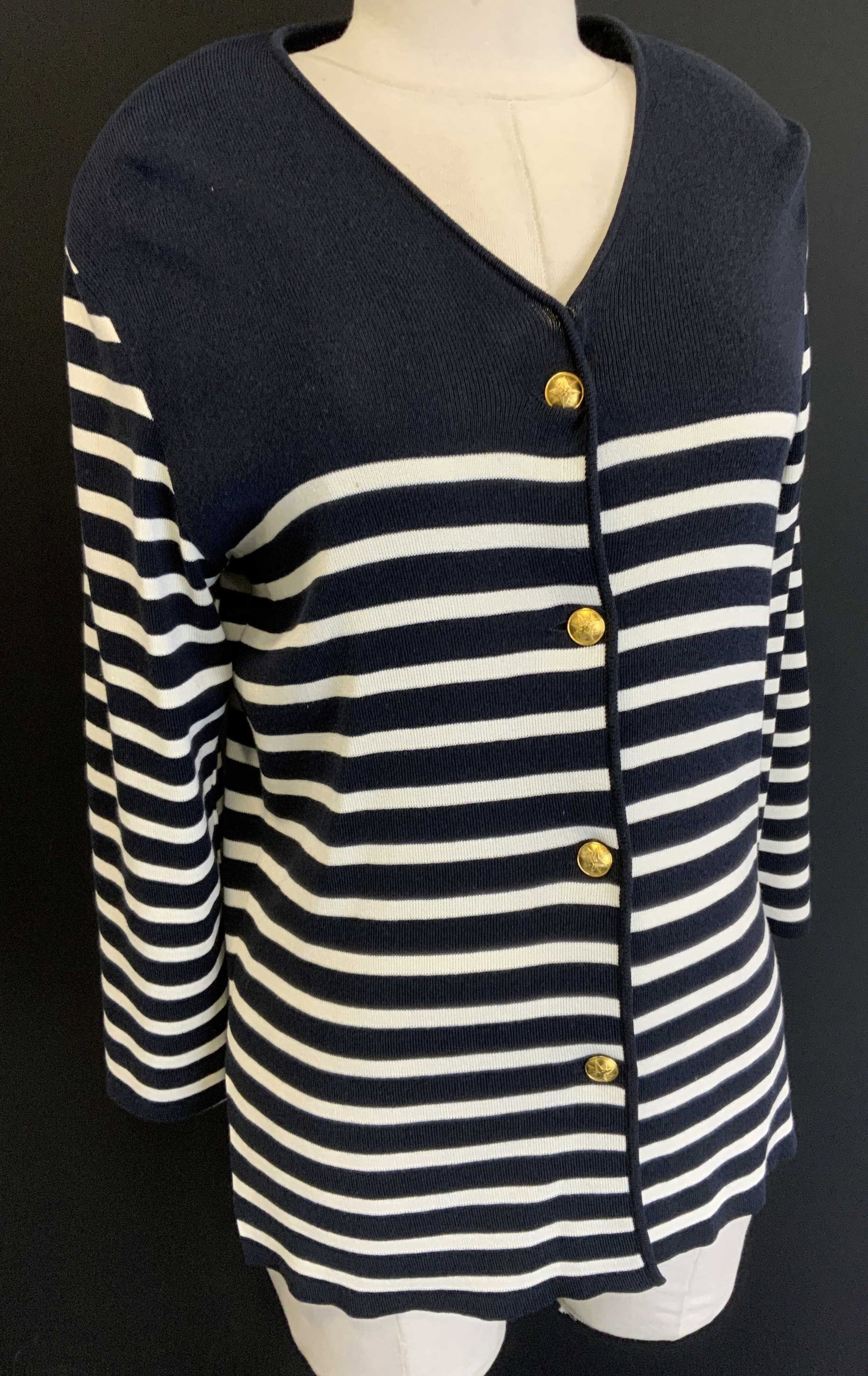 Les Copains Nautical Stripe Cardigan, Italy, 2: Luxury designer Les Copains navy and white knit striped cardigan. Made in Italy. Size 40., brushed gold toned metal button featuring a star. Shoulder pads, 1 is attached with a safety pin.) rayon and 