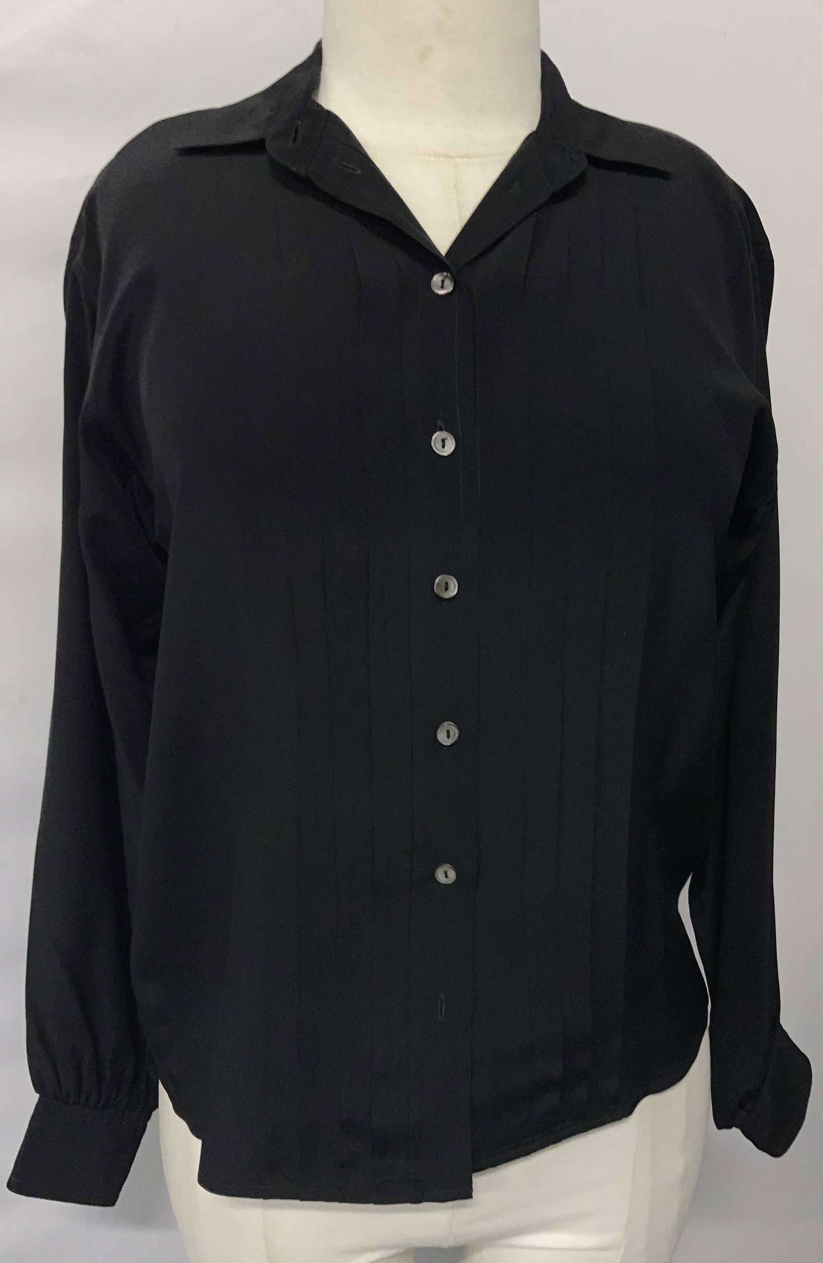 Jack Mulqueen Black Silk Blouse: Jack Mulqueen vertical pleated silk blouse in black. 36 in. Waist, 32 in. Long. designer wear, evening wear, Wearables, Jack Mulqueen Silk Blouse, ladies fashion, luxury vintage wear, luxury estate we