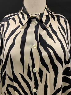 Brett Harrison Silk Zebra Print Blouse: Brett Harrison silk blouse with zebra print., button down with cuff cuffs. Some blemishing on collar. 30 in. Long. 42 in. Waist . Should fit size XL, label reads size L Luxury silk blouse, ladies Wear