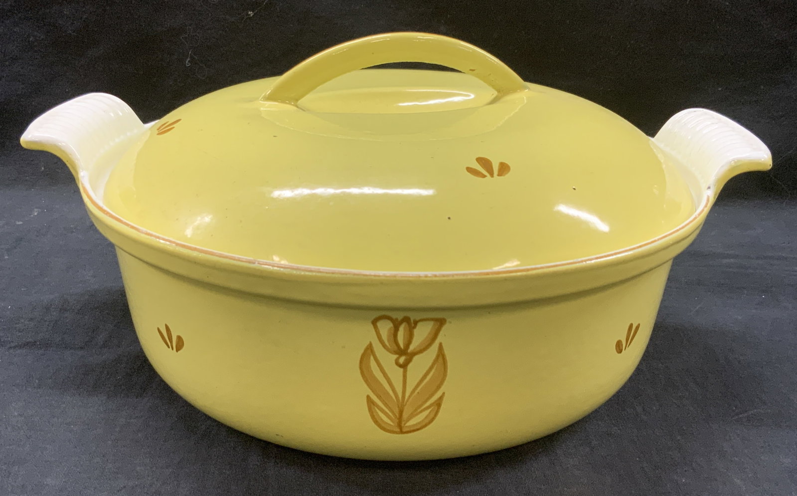 Vintage DRU Hand Painted Iron Cooking Ware Holland: Vintage iron made cooking pan with lid. Marked DRU. Made in Holland Hand painted on exterior with brown flora, images on yellow base approx 8 inches tall and 12 inch diameter. Moderate wearing to edge