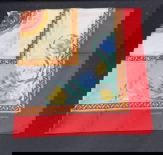 Vintage Pierre BALMAIN Red Flower Silk Scarf: Vintage Pierre BALMAIN Paris scarf with floral motif and red border with cream and gray center. Signed on lower right corner. Material feels like silk. Hand rolled edges. Measures approx. 35.5 x 35 in