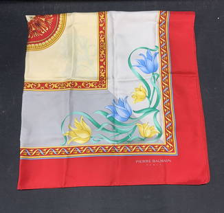 Vintage Pierre BALMAIN Red Flower Silk Scarf: Vintage Pierre BALMAIN Paris scarf with floral motif and red border with cream and gray center. Signed on lower right corner. Material feels like silk. Hand rolled edges. Measures approx. 35.5 x 35 in