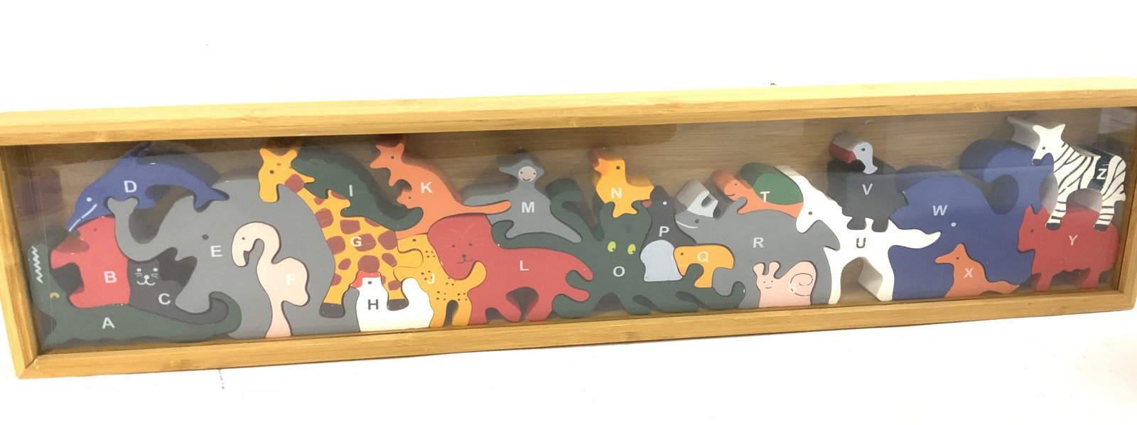 Alphabet Animal Puzzle Toy by Imagine Play, Nib: Imagine Play animal Alphabet wooden Puzzle, painted vibrant colors. Each puzzle piece is a different animal with a letter of the alphabet. Dolphin, Bear, Giraffe, Unicorn, etc. In a wooden shadow box 