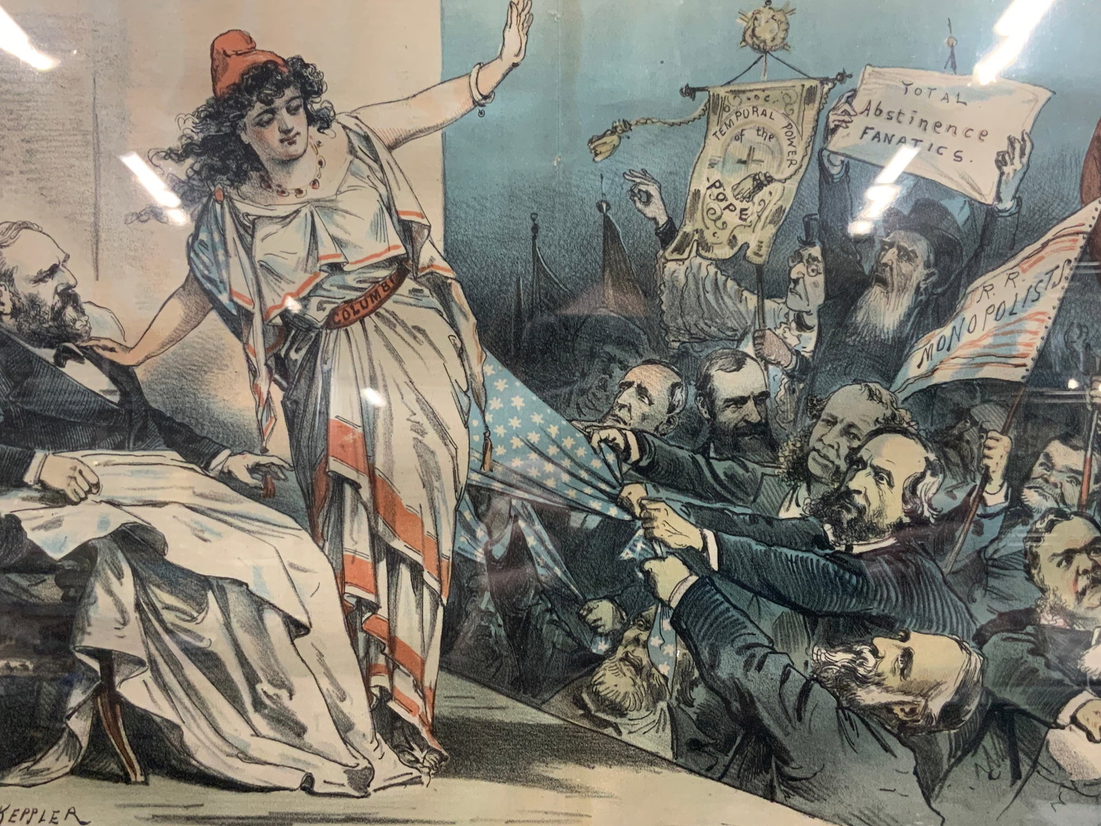 Antique Puck Enemies Of The Republic Cartoon: Marked Office Of Puck, 23 Warren Street, Mayer Merkel & Ottoman litho marked Puck on upper margin and lower reads enemies of the republic, Columbia to Garfield, they may annoy us but they cant hurt us