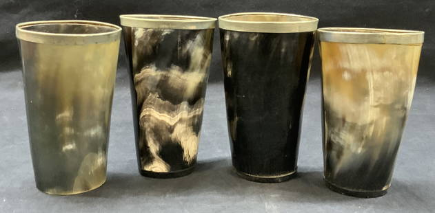 Set 4 Carved Horn Cups, India: Set of 4 horn cups with pewter rims, approx 5 inches tall and 3 inch diameter, Moderate surface wearing due to age and use, one cup has no underside. Horn cups, cups, vintage cups, horn decor, medieva