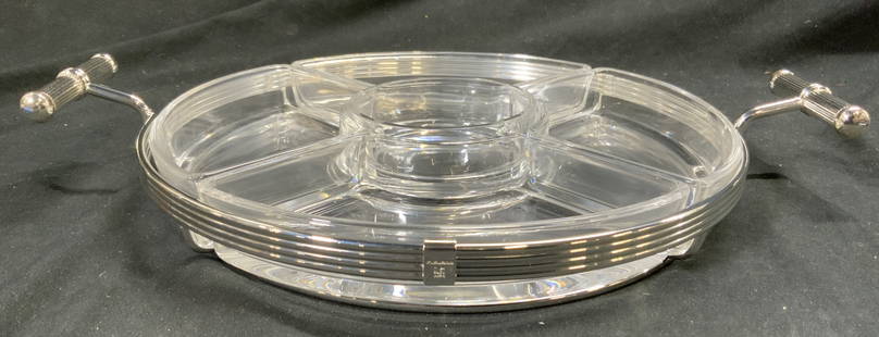 FLEURON Chip & Dip Serving Tray W Handles: Serving tray inscribed FLEURON. Lot includes metal holder with handles & 5 glass inserts. Metal holder is silver toned with 2 cylindrical handles. Piece measures approximately 14 inches wide 10 inches