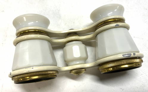 Vintage Opera Binoculars, USSR, 1950s: Theatrical Opera Binoculars 2.5x - 60 white with brass coated metal and enameled metal. ca. 1950s . Reads USSR . These do not bend. Light wear. Collectible opera binoculars, made in USSR, Soviet Socia