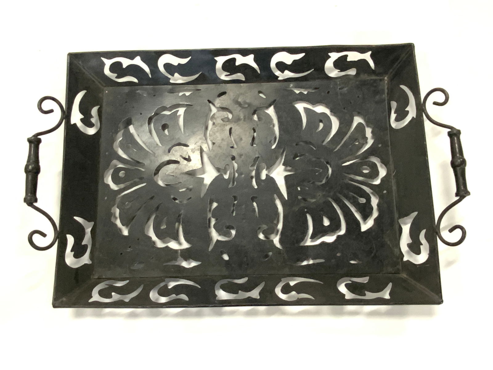 Vintage Black Pierced Metal Handled Serving Tray (1 of 9)