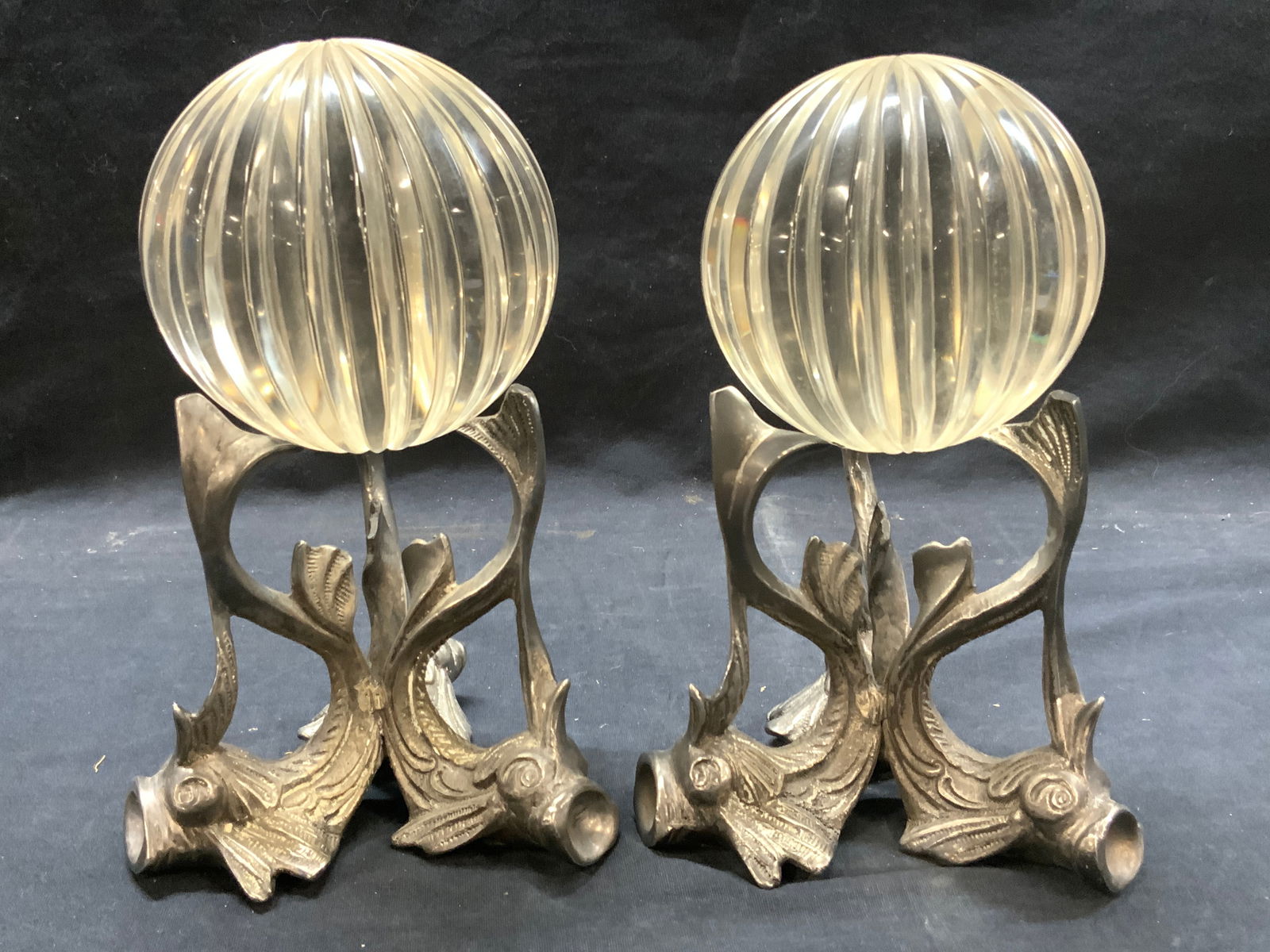 Pr Vintage Pewter Fish Stand W Crystal Balls (1 of 7)