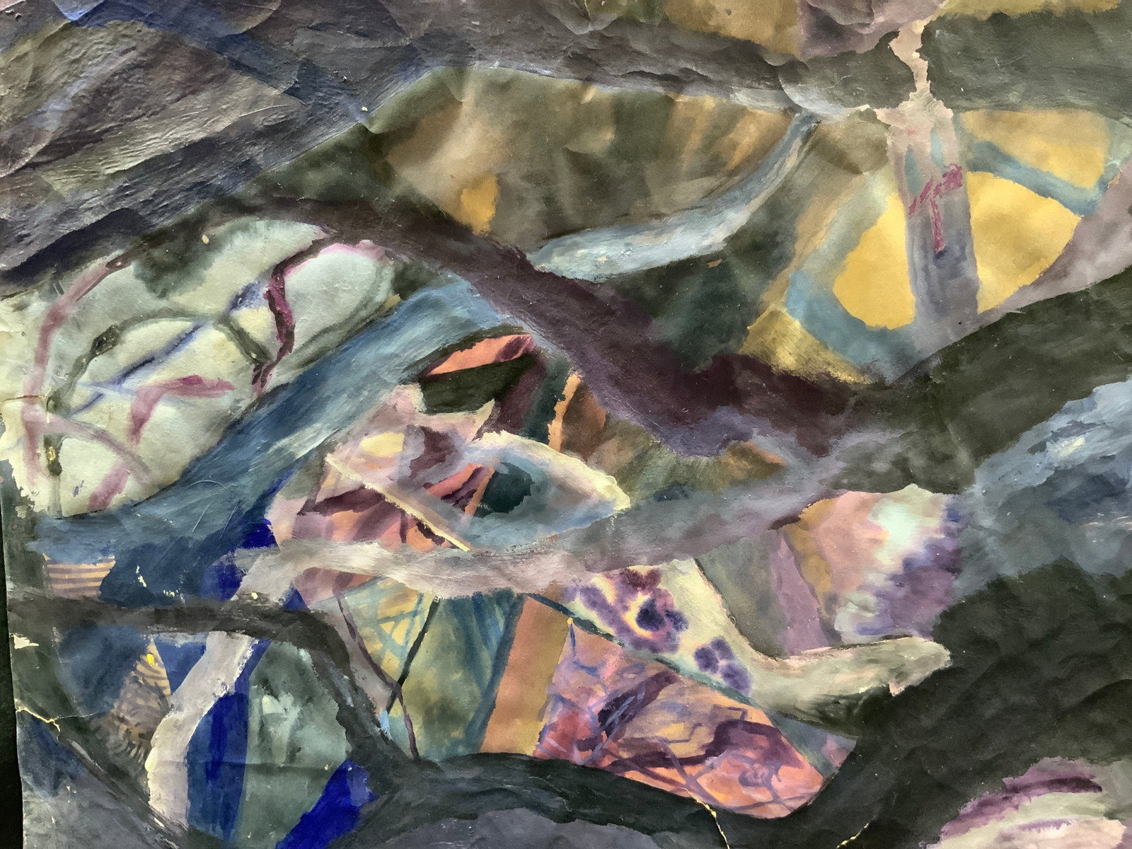 Sgd Abstract Acrylic Painting On Paper: Signed and titled Analogous, Jane Cowly, Acrylic painting on paper in tones of blues and purples in painterly strokes. No frame or backboard. Approx 18 x 23 inches. Evident tearing and losses to corne