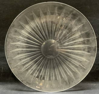 Vintage Val St Lambert Round Cut Crystal Platter: Vintage Val St Lambert round shaped cut crystal platter. Measures approx. 11.75 inches diameter. Piece has weight. Trademarked to underside. Some surface wear including scratching observed. Property o