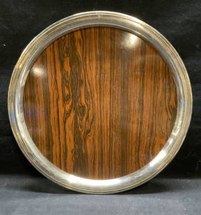 Vntg Formica Laminate & Sheffield Silver Pl Platter: Vintage Formica round laminate wood platter with silver plated rim. Measures approx. 14 inches diameter. Trademarked to underside, rim marked Sheffield Silver Co. some surface wear including scratchin