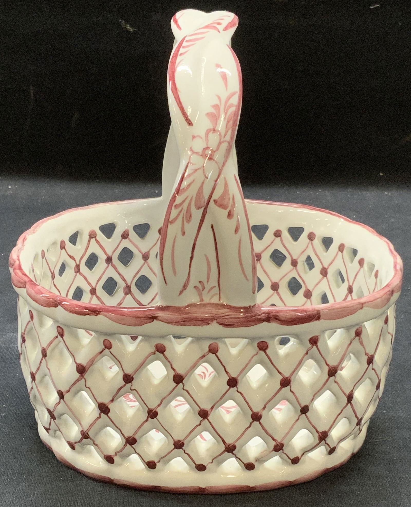 White & Red Woven Ceramic Basket, Portugal (1 of 6)