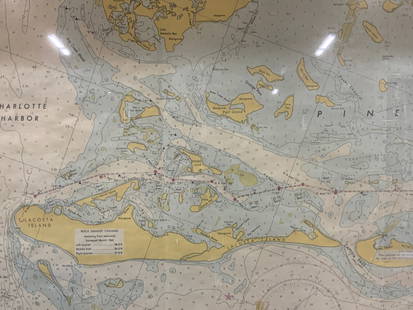 Vintage Framed Pine Island & Lacoste Island Map: Vintage full color paper map, marked on top Pine island, Charlotte harbor and Lacosta island. Showing waterways and directions. Framed in a wooden frame. Approx 14 x 18 inches window measures 11.5 x 1