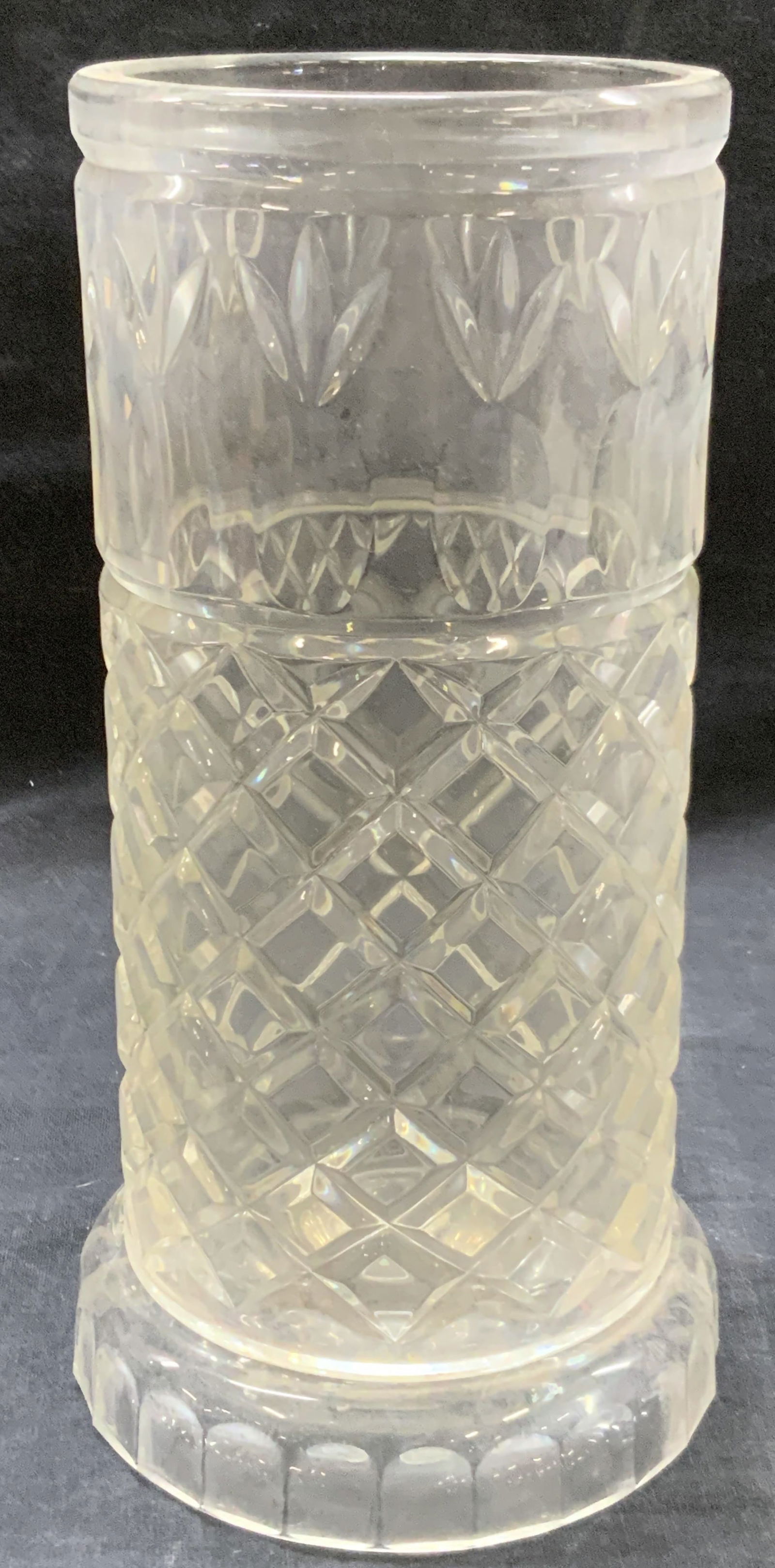 Cut Glass Pineapple Hurricane Candlestick 2pcs: A cut glass Hurricane candle stick with Hurricane style dome over glass base. Tops exterior rim has pineapple motifs and lower body has checkered cut pattern. Approx 9 inches tall and base being 4 inc