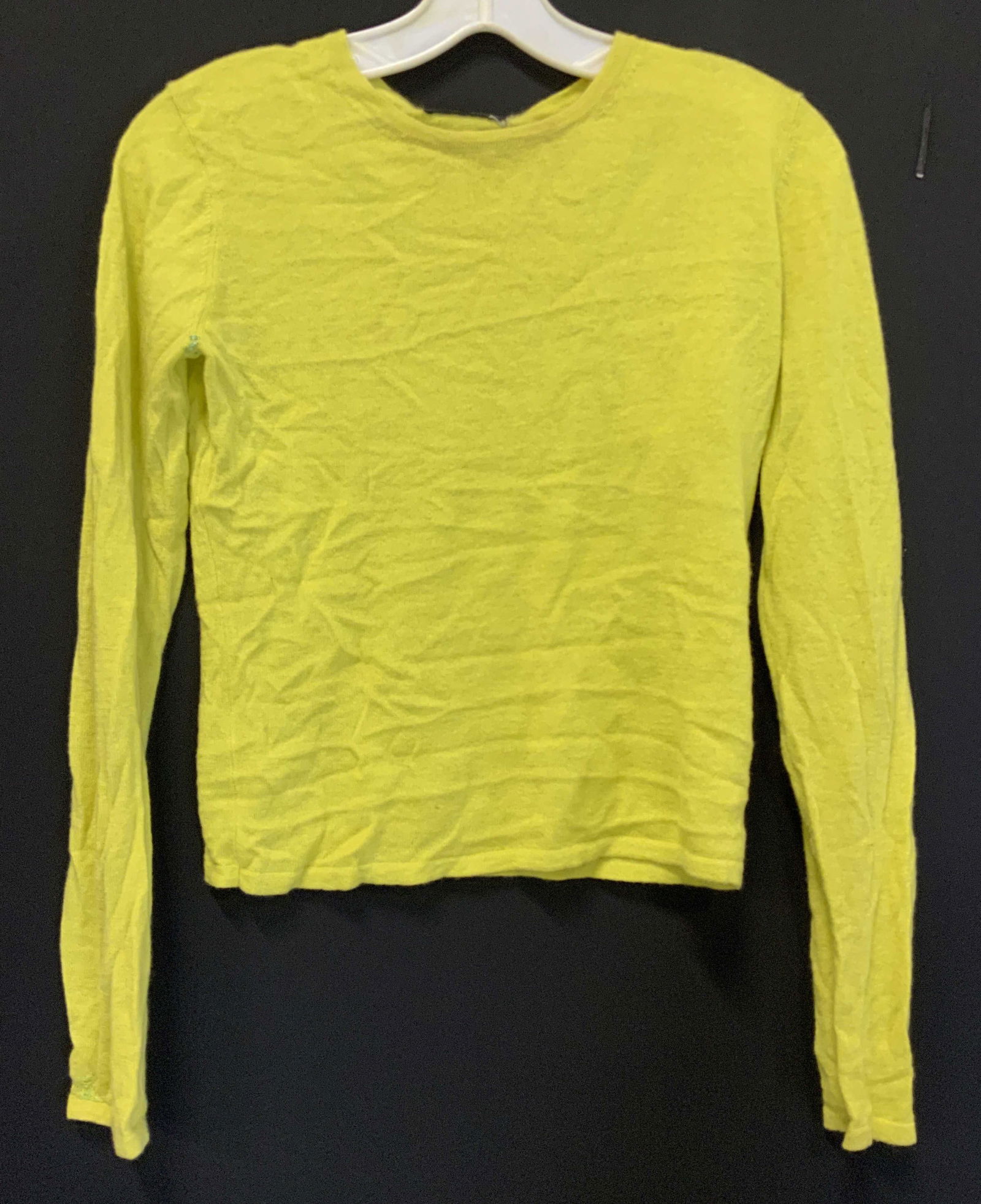 BERGDORF GOODMAN Vintage Cashmere Sweater: Light weight cashmere sweater, size small, chartreuse color. Has been repaired / sewn with green thread and is visible on backside of shoulder and under arm. Up cycle material is desired. Sweater, BER