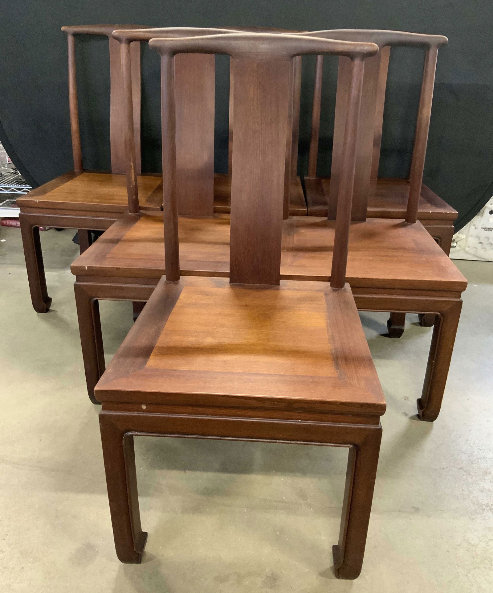 Set 6 Vintage Asian Carved Wood Dining Chairs: Six vintage Asian carved wood dining chairs / side chairs. Deep brown hues throughout. Measures approx. 36H x 18W x 18D in. Surface wear consistent with age, use, and exposure. Some chipping to wood a