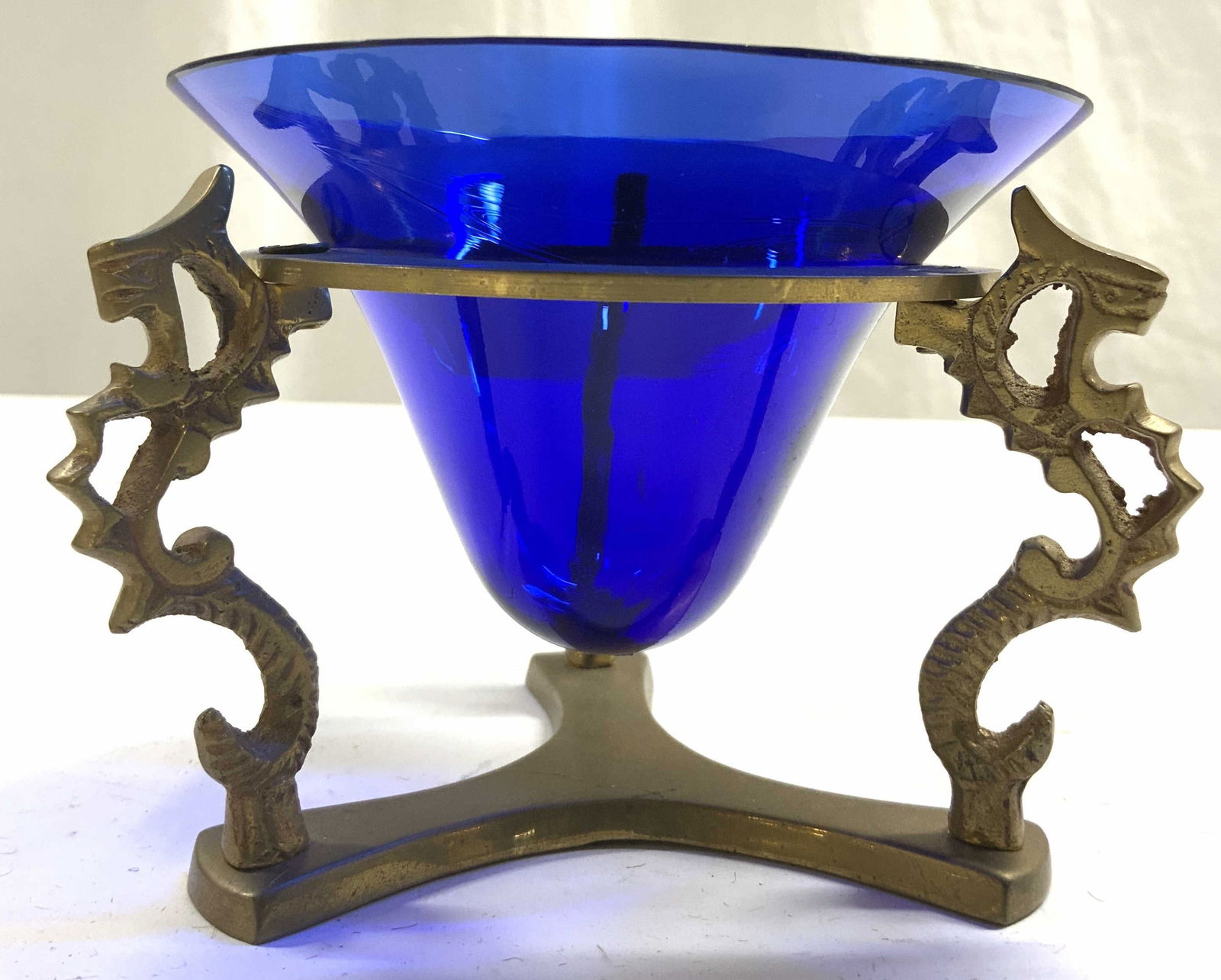 Blue Art Glass Vessel W Brass Stand (1 of 7)