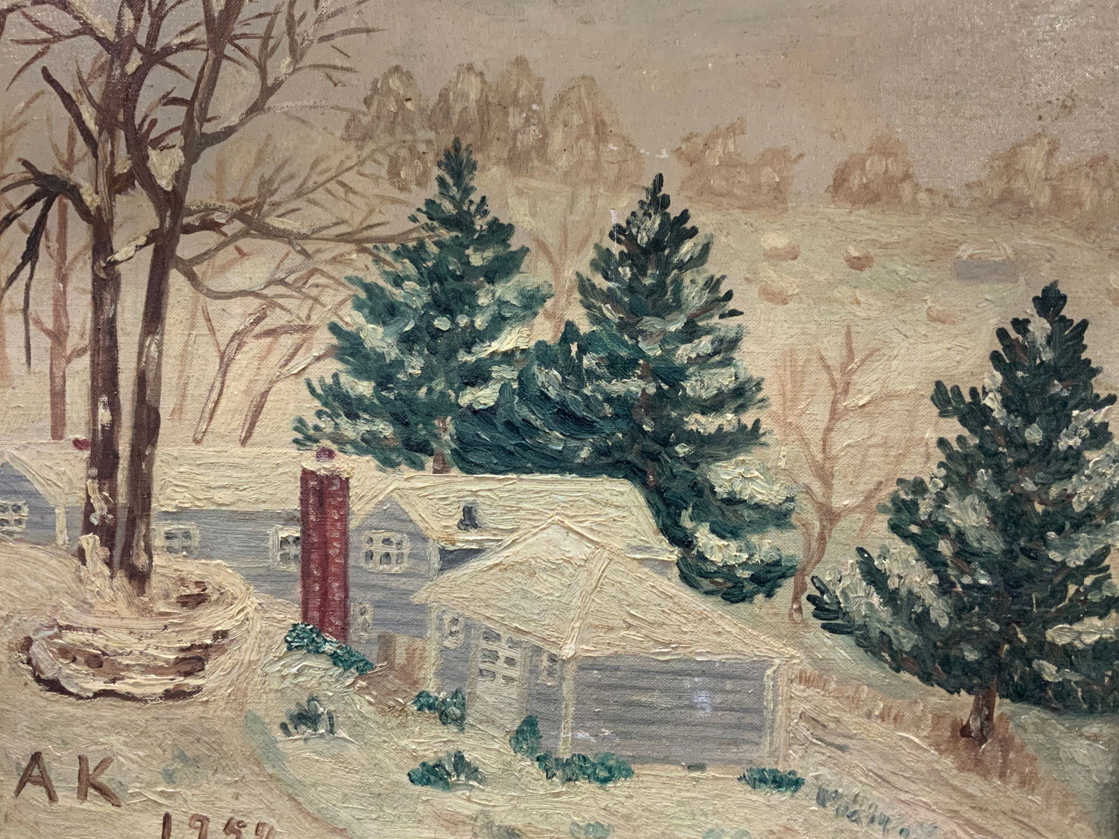 Signed 1957 Snowy Landscape W House Oil Painting (1 of 9)