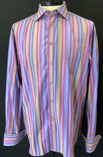 Robert Graham Mens Striped Cotton Shirt, India: Size 2x Signed Robert Graham Cotton button down shirt, signed pink buttons. Stripe colors are lavender, peach, yellow, and fuchsia. 31.5 in. Long. Sleeve length 34 in. measured from neck. This shirt u