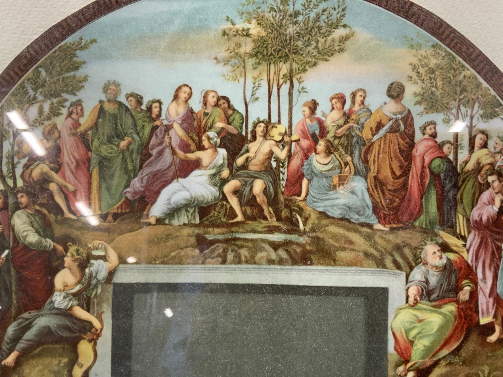 Raphael Lithograph The Parnassus: Lithograph of The Parnassus by Raphael. The fresco shows the mythological Mount Parnassus where Apollo dwells; he is in the center playing an instrument, surrounded by the nine muses, nine poets from