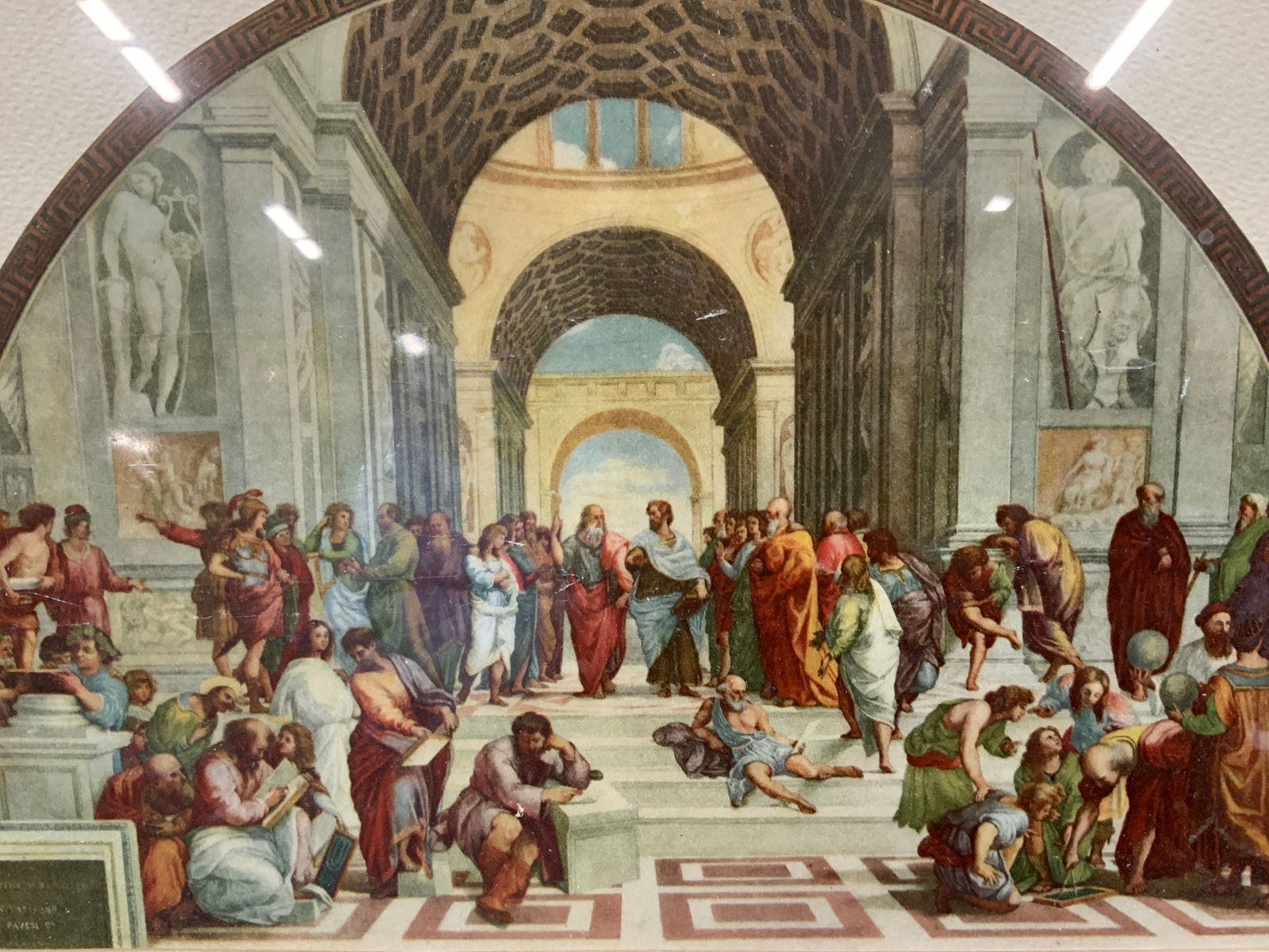 The School Of Athens Raphael Lithograph: Lithograph of The school of Athen fresco by Raphael. It depicts a congregation of philosophers, mathematicians, and scientists from Ancient Greece, including Plato, Aristotle, Pythagoras, Archimedes,