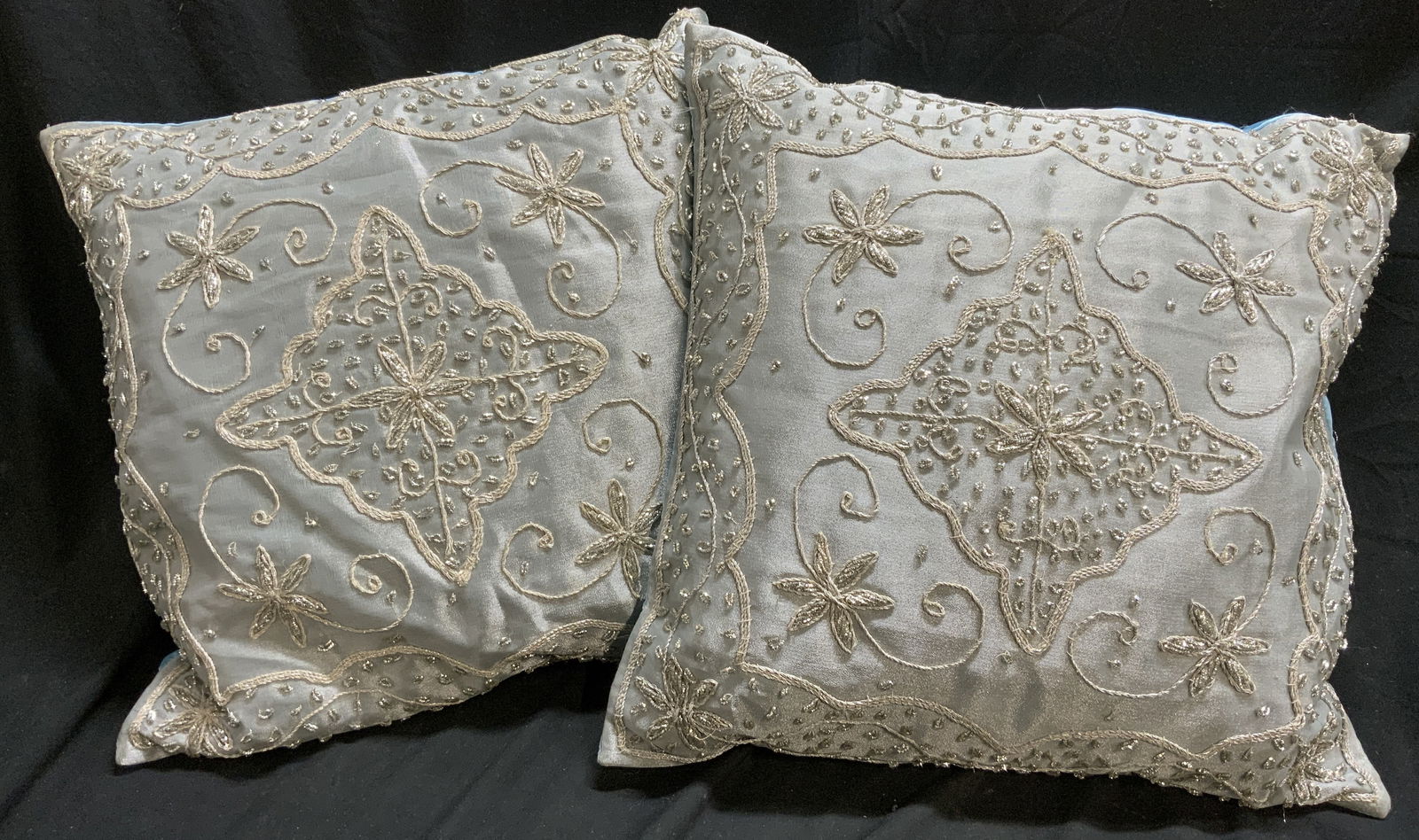 Pair Ice Blue Throw Pillows W Embroidered Detail (1 of 6)
