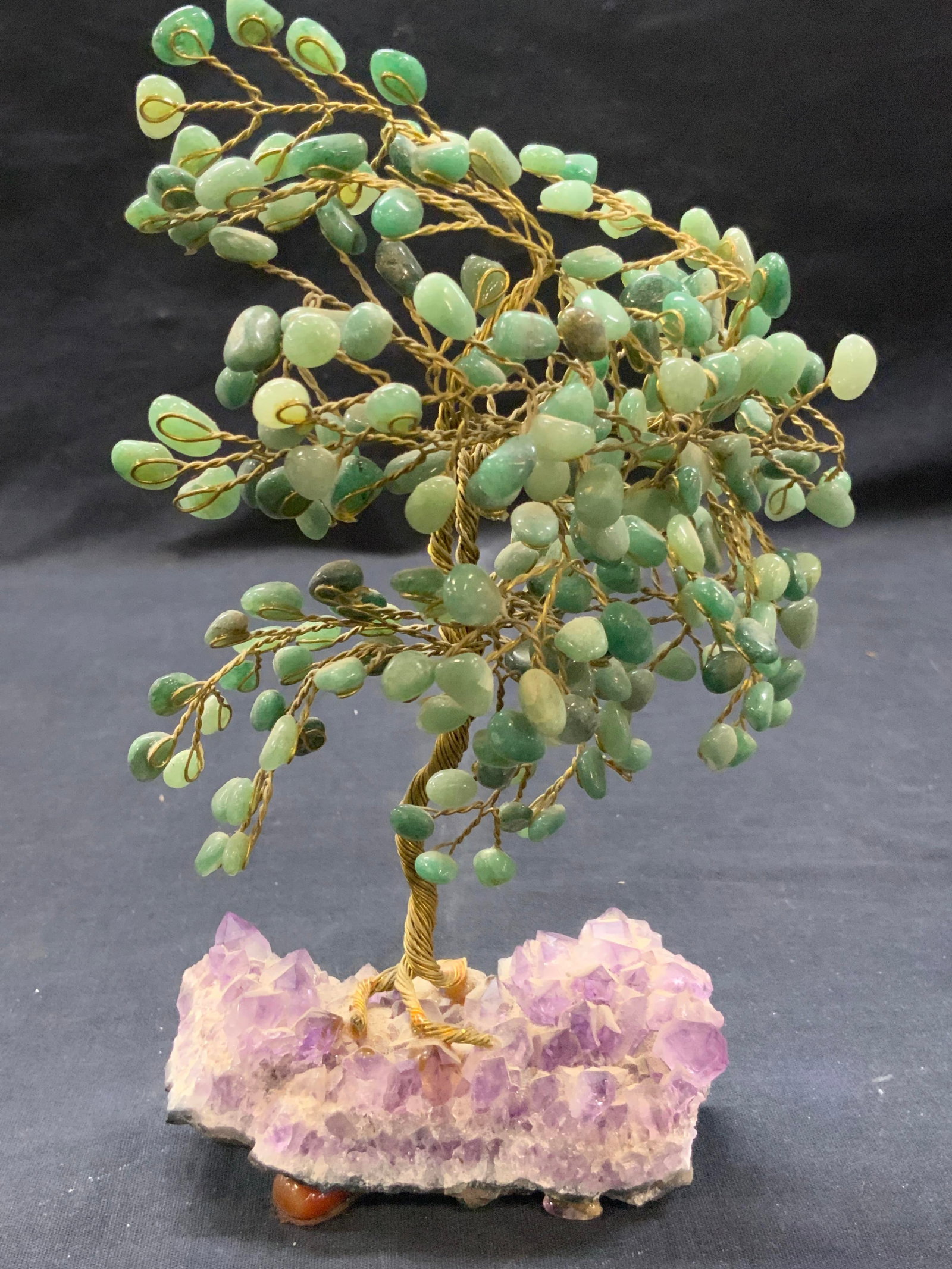 Aventurine & Amethyst Wire Tree: Gold wire tree with aventurine stones as the leaves of the tree and mounted to an amethyst Base with carnelian footing. Approx 8.5 inches tall and 4 inches long Moderate wearing to stones due to age a