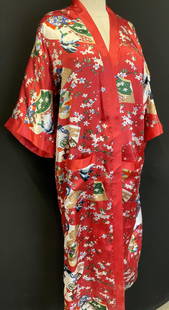 Red Asian Robe with Japanese Geisha & Blossoms: Red Asian Robe, a silky polyester, plus size XXL. 46 in. Long. Loops for a belt, no belt present. Light fabric wear, large hand pockets. Ladies Asian robe, Red Asian robe, Geisha Girl and Blossom robe