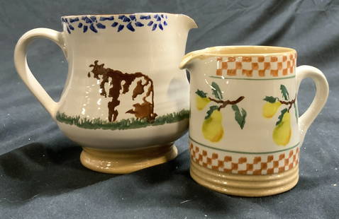 NICHOLAS MOSSE POTTERY 2 Ceramic Pitchers IRELAND: Undersides are marked NICHOLAS MOSSE POTTERY MADE IN IRELAND. Each pitcher is ceramic, possibly hand crafted. Smaller vessel has orange toned checkered detail in addition to multi toned pear, vine & l