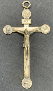 Parenti Sterling Silver 5inch Crucifix: Marked Parenti sterling. Has a raised image of Jesus on the cross flanked by images of Mary and Joseph marked INRI. Approx 5 inches long and 2.5 inches wide. Total weight 0.94 ozt Moderate discolorati