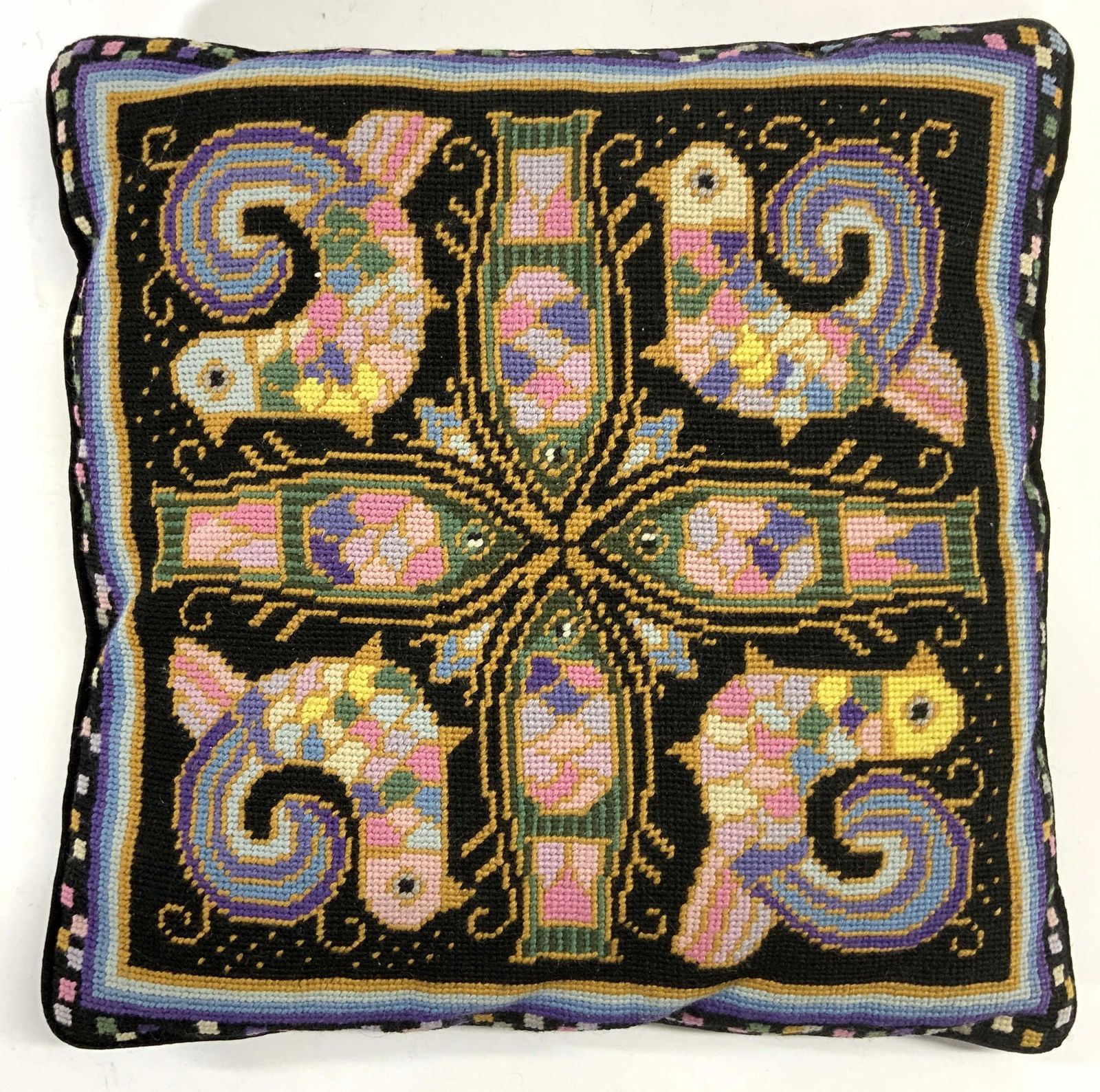 Vintage Fish & Bird Needlepoint Throw Pillow (1 of 7)