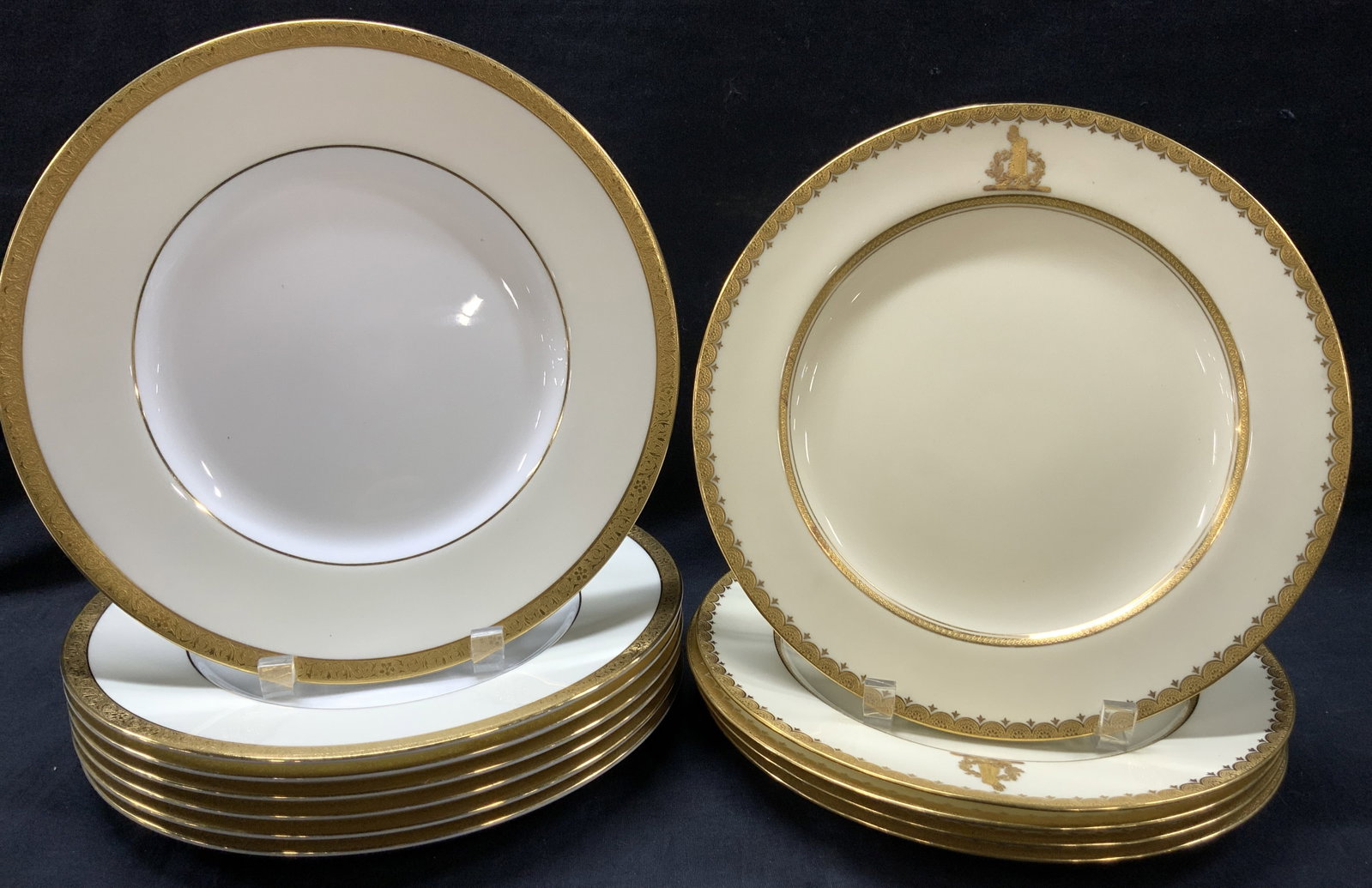 Set 12 Mintons Gilt Bone China Dishes, England: Set of 12 Mintons bone China dishes. 7 dishes, marked Minton, bone China Westminster, with gilt edges and cream and white tones, approx 10.5 inch diameter, set 5 dishes marked Minton R. Briggs Boston,