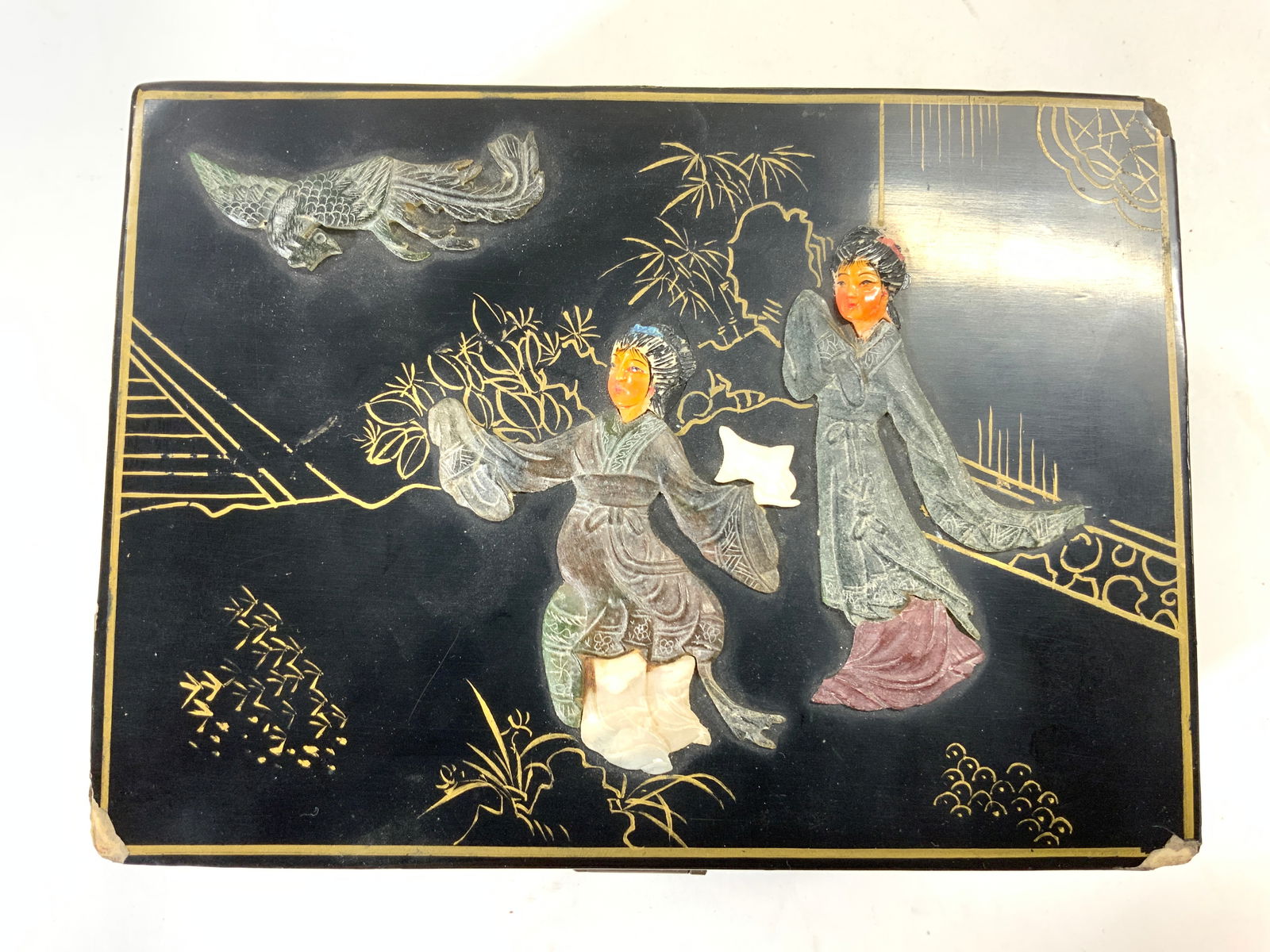 Vtg Lacquer Asian Jewelry Box W Natural Stone (1 of 8)