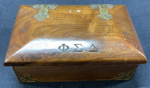 FC Delta Carved Wooden Trinket Box: Wooden box with brass hinged, burn into the lid symbols that read FC Delta. Approximately 4 x 5 x 1.5 inches. Lid is not affixed to hinges of box, Trinket box, wooden box, home decor, Fraternity decor