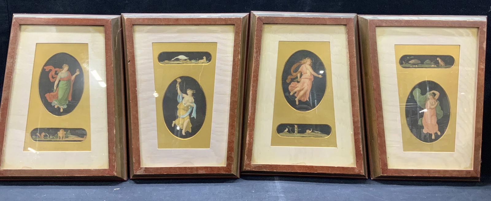 4 Raphael, Day & Night Frescos Serigraphs: Lot of 4 serigraphs of the frescos of day and night by Raphael. Each depicts a graceful floating women draped in robes and cloths and holding items or animal from those times of day or night, each com