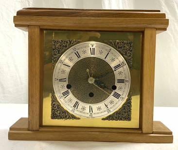 FRANZ HERMLE Vintage Wooden Mantel Clock W GERMANY: Clock appears to be FRANZ HERMLE (no apparent markings). Clock face reads WESTERN GERMANY. Clock is wooden. Clock face is gold and silver toned with ornate scroll floral & leaf detail, black toned Rom