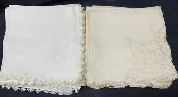 Lot 16 Vintage Lace & Embroidery Linens: Lot of 16 vintage linens. Set of 9 with lace edges and floral motifs on corner. Approx 16 x 16 inches. Other set of 7 linens with lace crafted corners with floral embroidery. Approximately 16 x 16 inc