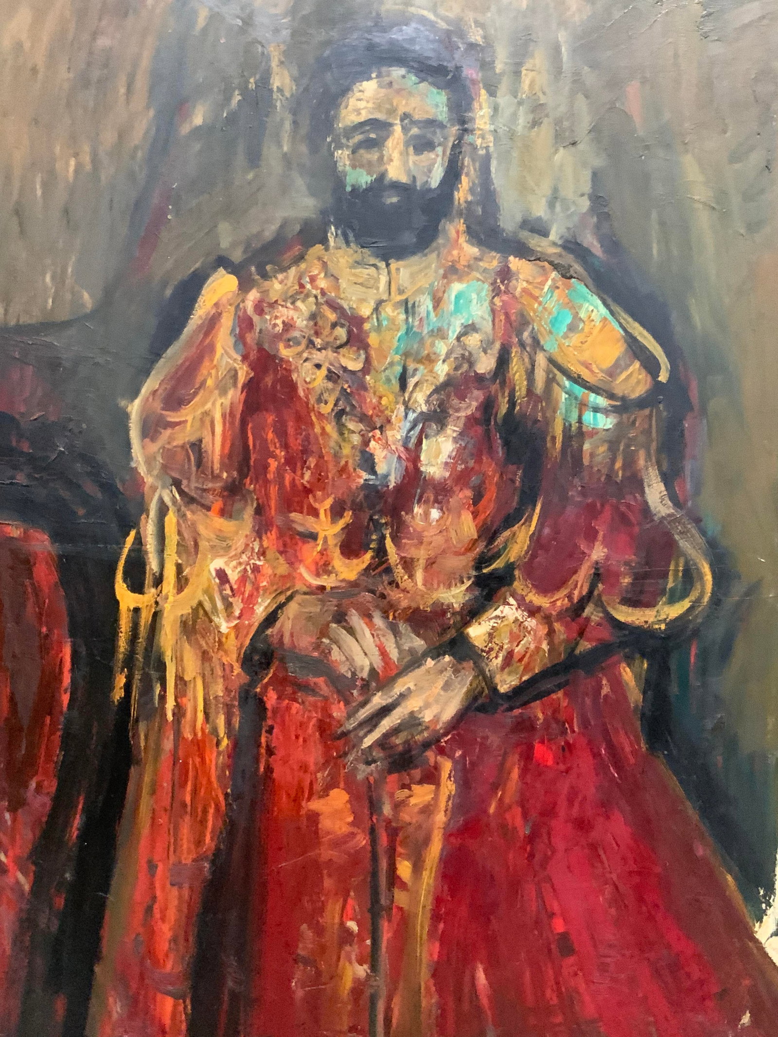 Signed Royal Portrait Oil Painting XL: Signed on lower right corner, possibly reads F.Heinijefer Depicts man of royalty in red robes and gold toned ruffled from the shoulders and chest ornamentation, Framed in a gold leafed wooden frame wi