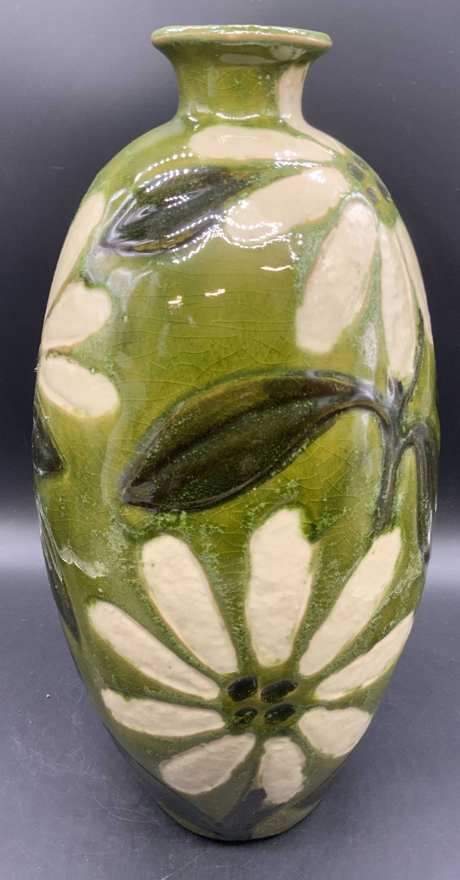 TC CV Sgnd Vintage Green Floral Pottery Vase 16in (1 of 10)