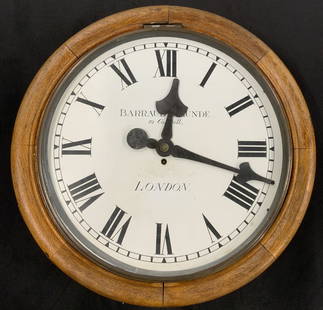 BARRAUD & LUNDE Antique Wooden Wall Clock LONDON: Clock face reads BARRAUD & LUNDE 19 CORNHILL. Clock is antique possibly with hand crafted elements. Piece is wooden with glass clock face window with metal border. Clock face is white with black toned