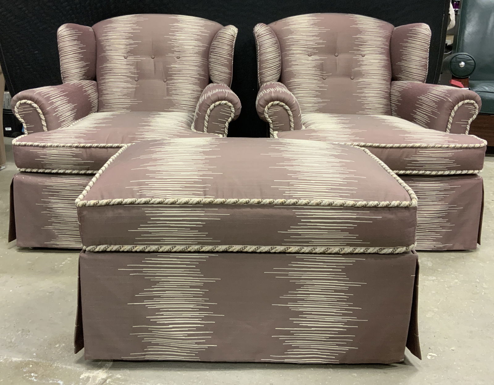 Lot 3 Vintage Pair Skirted Armchairs & Ottoman (1 of 12)