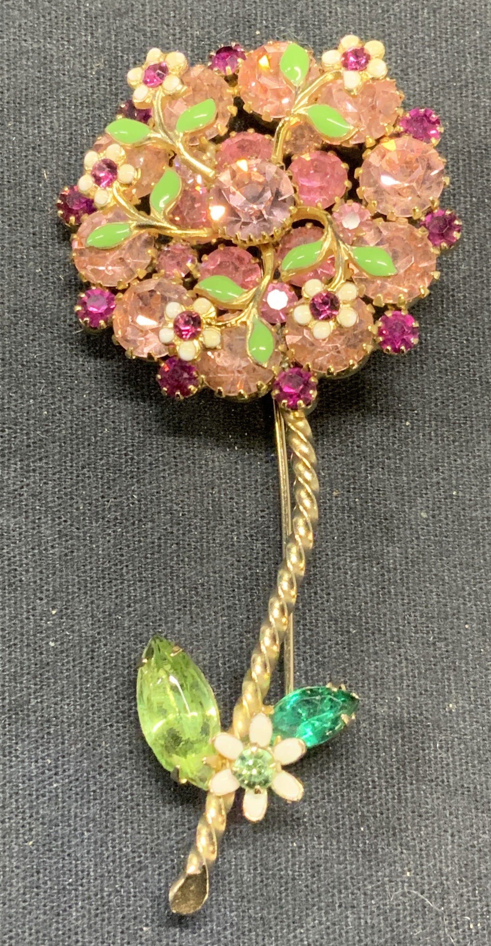 WEISS Gold Tone Pink Crystal Flower Brooch 3.25in (1 of 6)