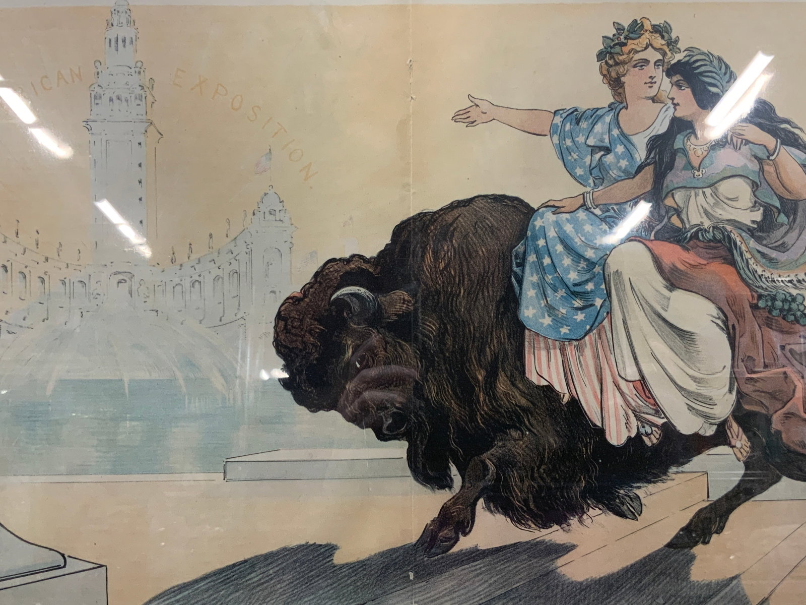 1901 Puck Magazine Colored Political Litho: 1901 Puck Magazine Colored Political LithoCopyright 1901, By Keppler & Schwarzman. Marked Puck on upper margin, and reads Pan America. Keppler marked as artist. Depicts a blonde woman dressed in an Am