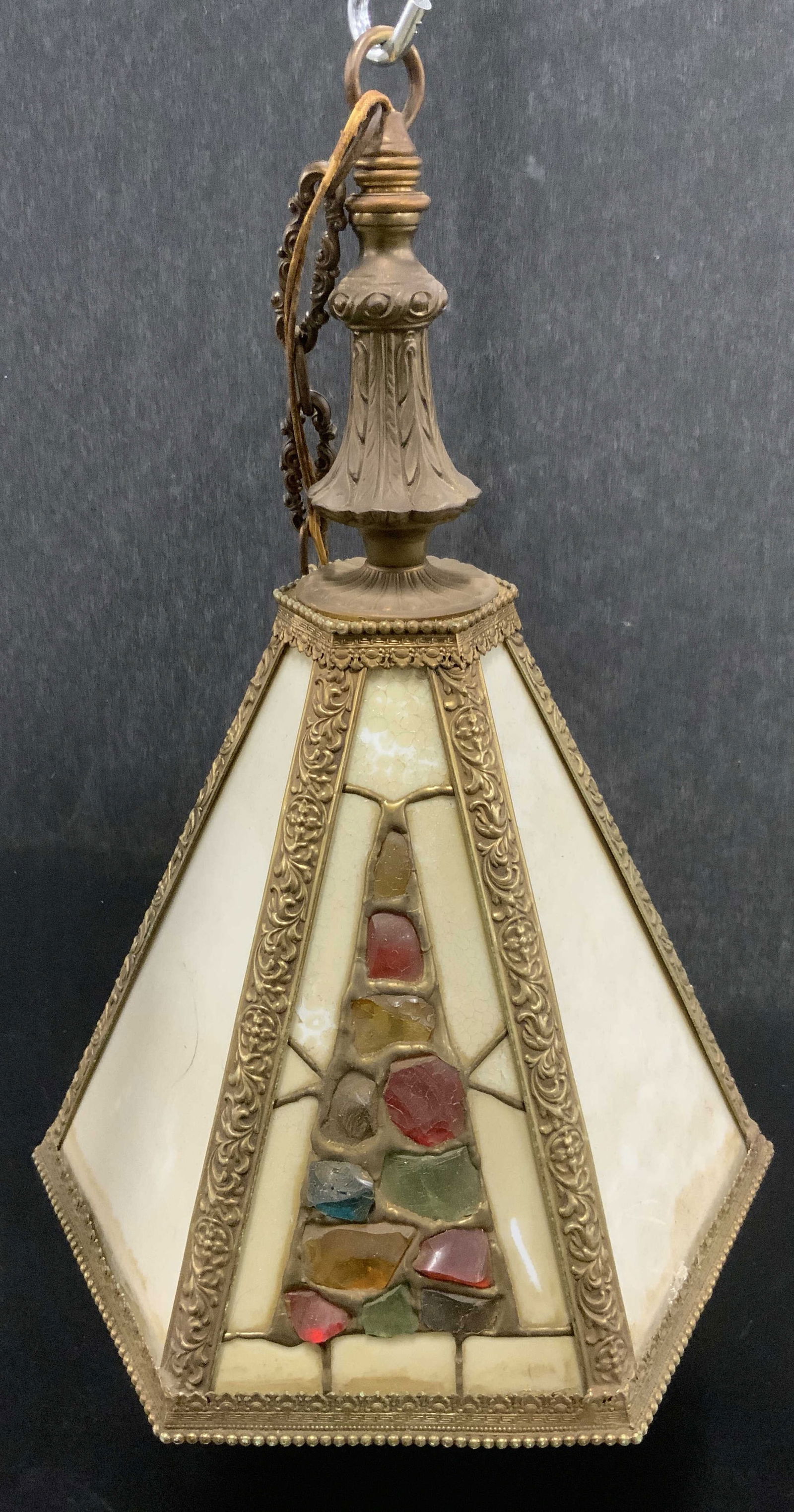 Vntg Stained Glass Slag Glass Pendant Light (1 of 9)